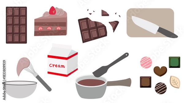 Obraz バレンタインのチョコレート作りイラスト素材セット（板チョコ・ケーキ・トリュフ・製菓道具）