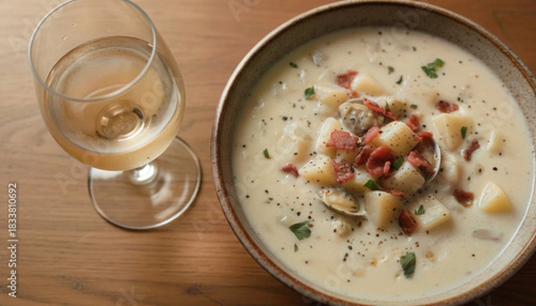 Obraz Creamy Clam Chowder with Black Pepper and Parsley in Rustic Bowl