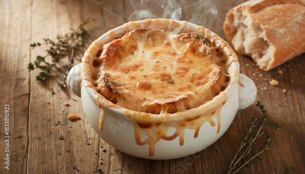 Obraz Overhead View of French Onion Soup with Gruy re Cheese and Baguette