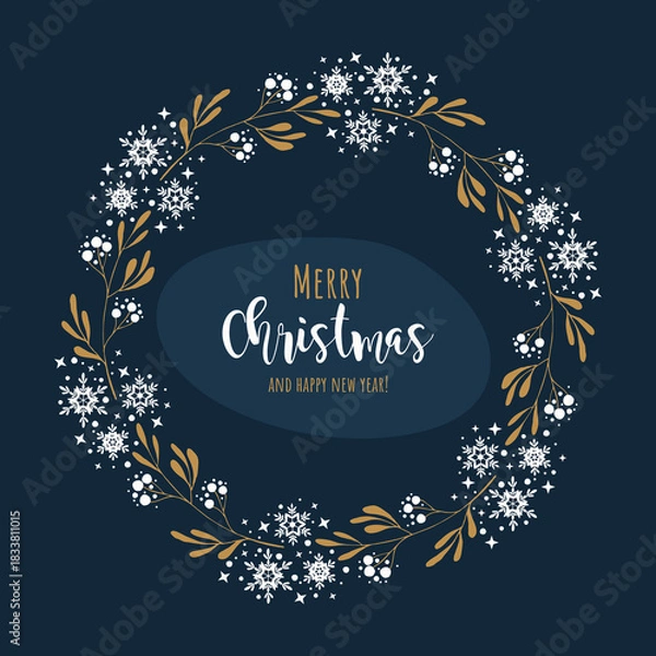 Fototapeta Winter wreath with snowflakes and branches. Elegant illustration. Winter background. Cartoon retro style. Decorative season symbol.