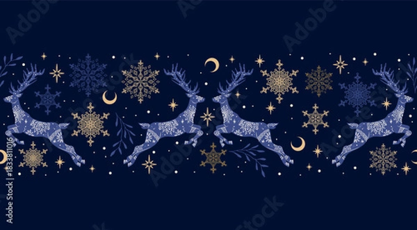 Fototapeta Christmas seamless border with deers and snowflakes on blue background. Vector  illustration