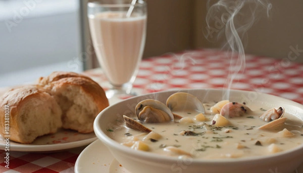 Obraz New England Clam Chowder with Bread Roll in a Cozy Diner