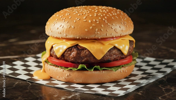 Obraz Mouthwatering Cheeseburger with Dripping Cheese on Checkered Parchment