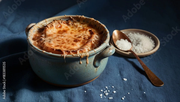 Obraz French Onion Soup in Vintage Crock with Bubbling Cheese and Onions