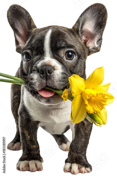 Fototapeta A French Bulldog puppy holding bright yellow daffodils in its mouth on a transparent background.