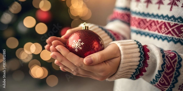 Fototapeta Merry Christmas, close-up of hands holding red ornament white snowflake design. Festive sweater, holiday patterns,  blurred warm lights in background evoke seasonal warmth, decoration. 