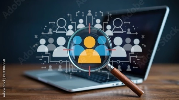 Fototapeta Magnifying glass focuses on selected user icon above digital network display on laptop