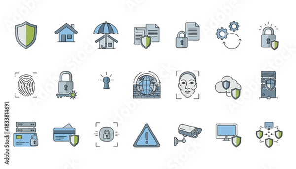Obraz Security Icon Set — Safety, Insurance, Data Protection, Encryption, Lock and Cybersecurity Symbols in Modern Vector Style