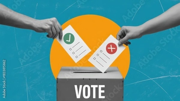 Fototapeta Two distinct hands simultaneously deposit ballots with contrasting symbols into a ballot container.