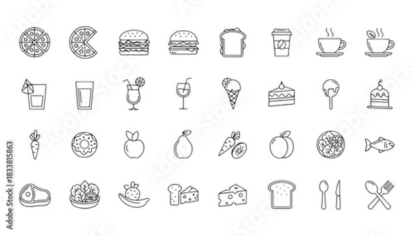 Obraz Fast Food Icon Set — Burger, Pizza, French Fries, Fried Chicken and Snack Icons in Editable Stroke Style