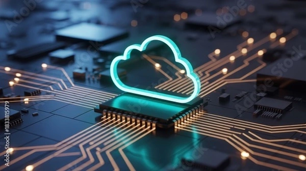 Fototapeta Glowing digital cloud symbol rests atop a central processing unit on a futuristic circuit board