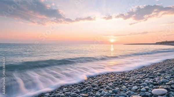 Fototapeta Gentle waves washing over pebble beach at sunset with soft light