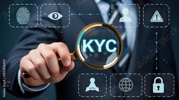 Fototapeta Business professional examines customer identification verification process represented by illuminated acronym under magnification