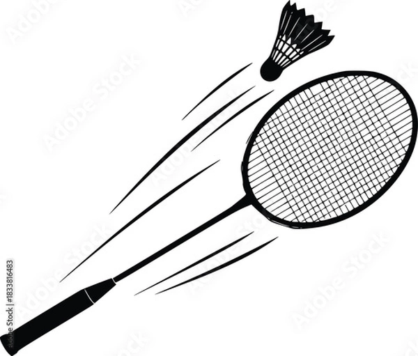 Obraz Badminton racket hitting shuttlecock in dynamic motion on white