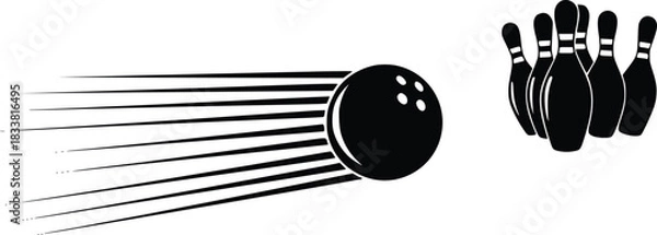 Obraz Bowling ball striking pins with dynamic speed lines, sport game icon