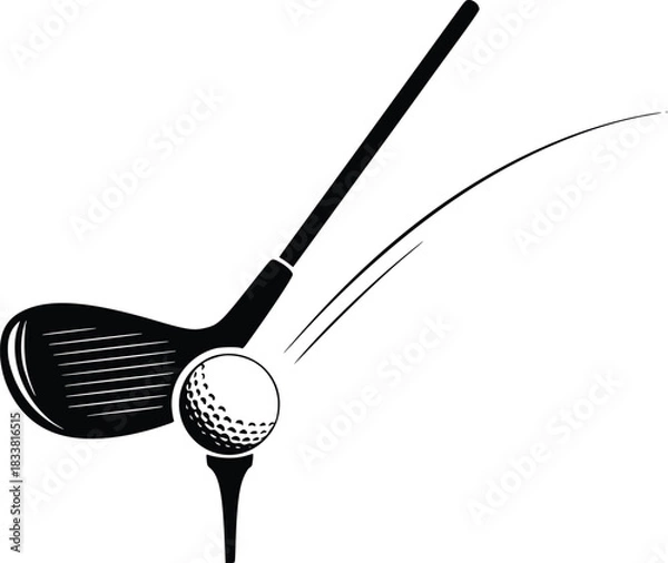 Obraz Golf club hitting ball off tee with trajectory line illustration