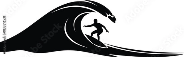 Obraz Surfer riding big ocean wave, dynamic black silhouette vector art