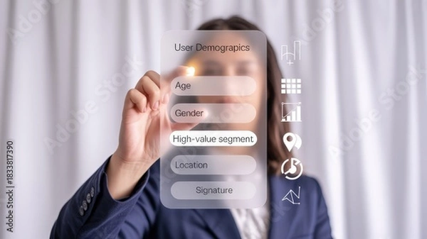 Fototapeta Professional interacts with transparent display showing user demographic selection options