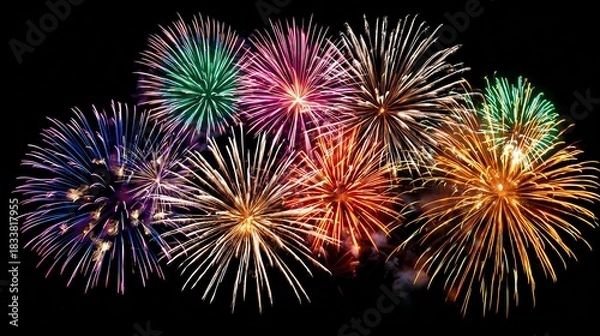 Fototapeta A stunning display of colorful fireworks illuminating the night sky, showcasing vibrant bursts of light and creativity. Perfect for celebrations, holidays, and festive occasions.