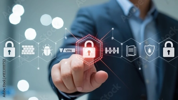 Fototapeta Business professional interacts with a glowing digital interface displaying cybersecurity icons for data protection