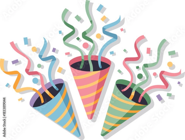 Fototapeta Three Party Poppers Exploding Confetti and Streamers