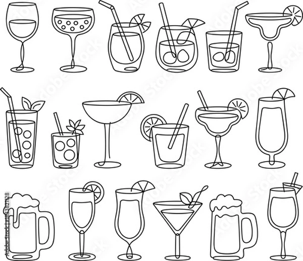Fototapeta Collection of Outline Drink Glasses and Mugs beverage