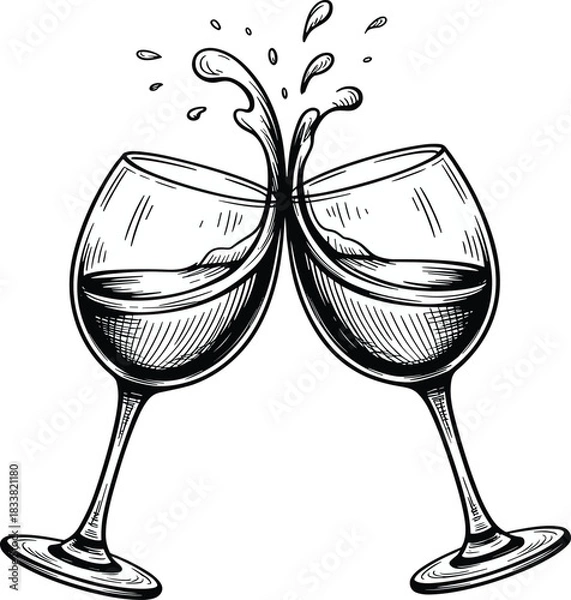 Fototapeta Two wine glasses clinking with splashing liquid toasting