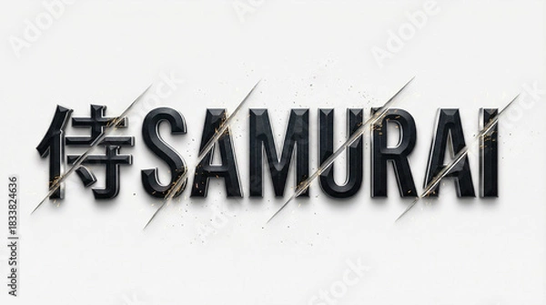 Obraz Dark Battle Samurai Kanji and SAMURAI Text Black Metal Typography with Sharp Edged Letters, Diagonal Cut Marks and Clean Dangerous Warrior Logo Style on White Background-Generative AI