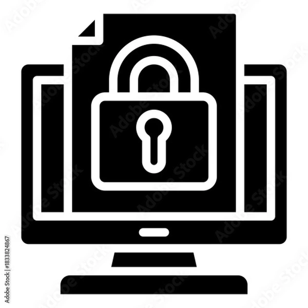 Fototapeta Secure Document Glyph Black Silhouette Icon Design Vector - computer screen displaying a locked document, representing data protection, cybersecurity, or encrypted files