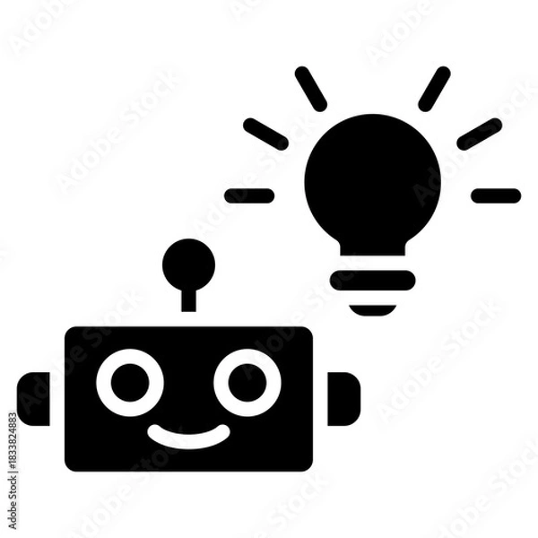 Fototapeta AI Idea Glyph Black Silhouette Icon Design Vector - friendly robot with a glowing light bulb representing AI innovation, creativity, and smart solutions