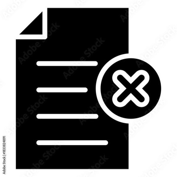 Fototapeta Document Rejected Glyph Black Silhouette Icon Design Vector - document marked with an X symbol, representing rejection, denial, or an invalid file