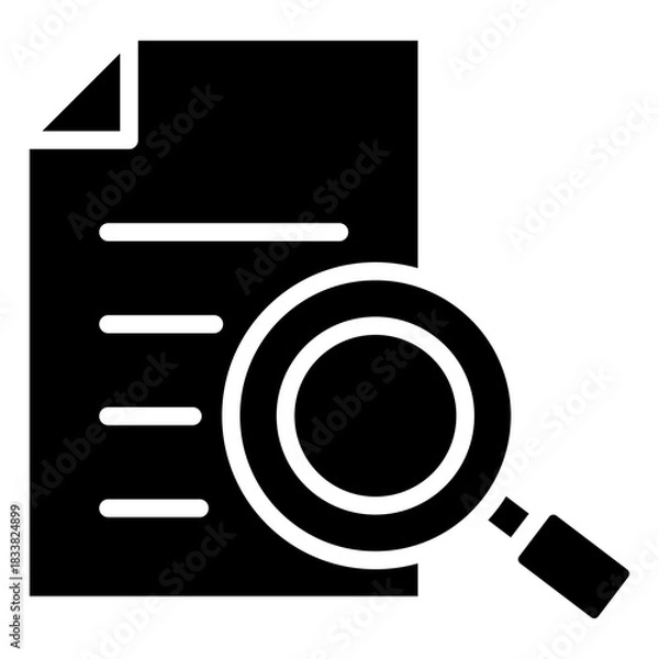 Fototapeta Document Review Glyph Black Silhouette Icon Design Vector - paper with a magnifying glass symbolizing document checking, inspection, verification, and analysis