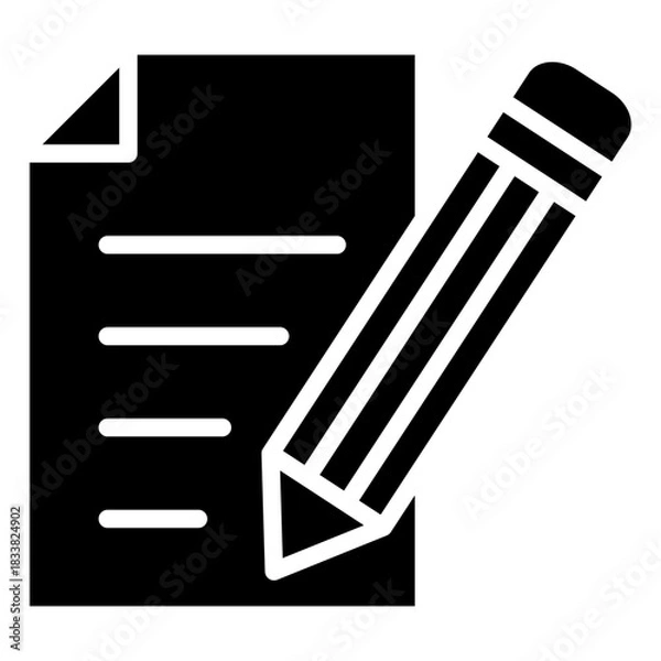 Fototapeta Document Editing Glyph Black Silhouette Icon Design Vector - paper sheet with a pencil symbolizing writing, editing, content creation, and documentation tasks