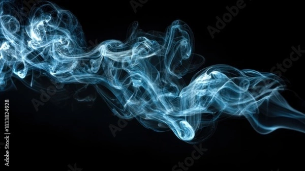 Fototapeta A blue smoke trail is shown in the image. The smoke is thick and long, and it is coming from a source in the background. The image has a moody and mysterious feel to it