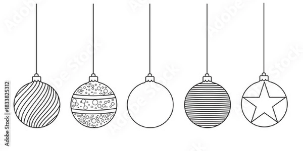 Fototapeta Continuous line drawing of snowman christmas ball decoration. One line art concept of pine tree decoration for merry christmas and happy new year greeting card. Vector illustration