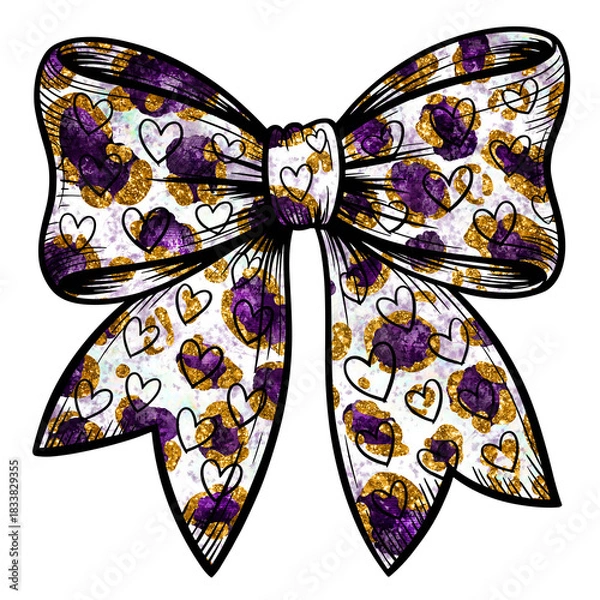 Fototapeta Elegant purple and gold heart bow with a modern, sparkling design that adds festive charm to celebrations and creative projects for a touch of sophistication