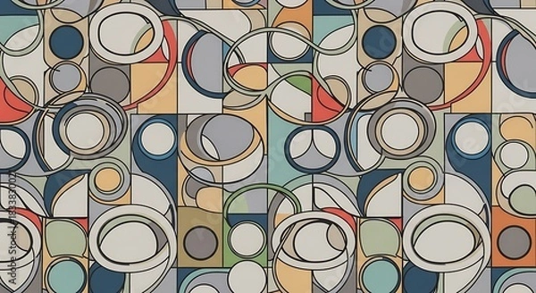 Fototapeta Modern abstract geometric pattern with interconnected circles and squares in a muted color palette for textile design or digital art background