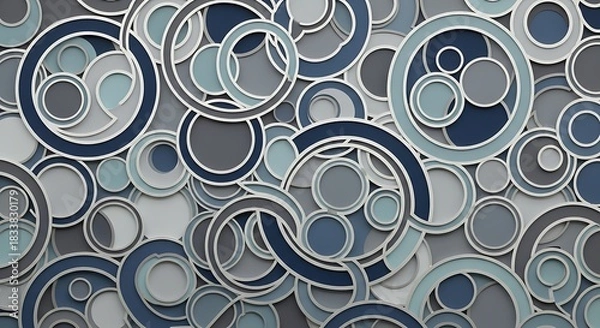 Fototapeta A captivating mosaic of interconnected rings and dots in various tones of blue and grey