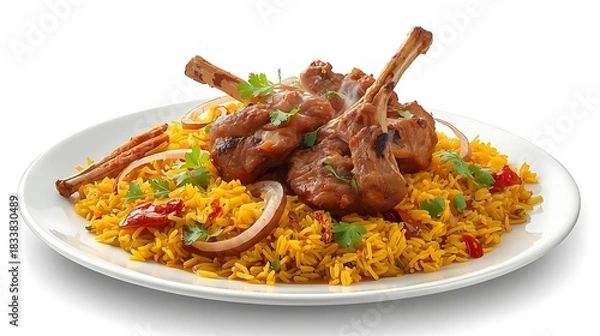 Fototapeta Fragrant and spiced rice with tender lamb ribs