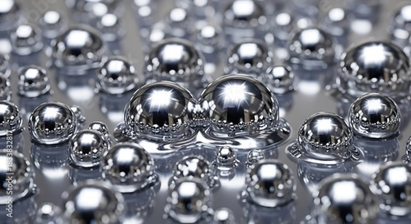 Fototapeta Captivating macro view of spherical silver liquid metal droplets reflecting ambient light