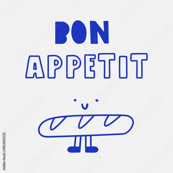 Fototapeta French Bakery Illustration. Vector outline of baguette character with text Bon Appetit. For branding, bakery window displays and French cafe graphics.