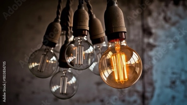 Fototapeta Vintage Edison light bulbs hanging in a moody setting
