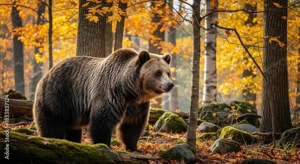 Obraz Powerful grizzly bear standing or walking in its natural habitat with thick fur and strong muscular build.