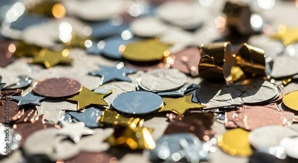 Fototapeta Macro shot of glittering metallic confetti pieces perfect for any festive event