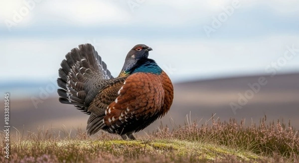 Obraz Grouse standing on forest floor with patterned feathers, rounded body, and natural woodland lighting.