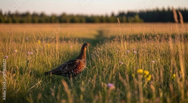 Obraz Grouse standing on forest floor with patterned feathers, rounded body, and natural woodland lighting.