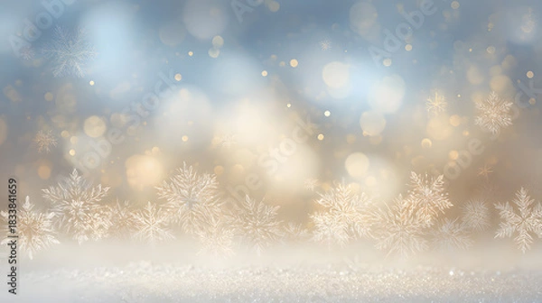 Fototapeta Elegant winter background featuring delicate snowflakes and soft bokeh lights creating a serene and festive atmosphere.