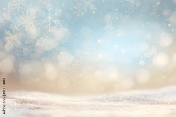 Fototapeta Gentle winter background featuring delicate snowflakes and soft bokeh lights, evoking a serene and magical atmosphere.