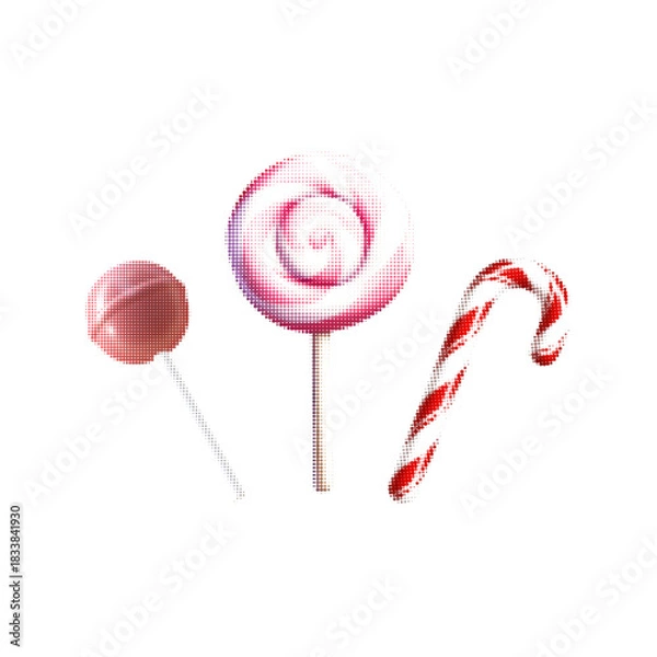Fototapeta Set of sweet treats in halftone style, including lollipop, swirl candy and candy cane on white background.