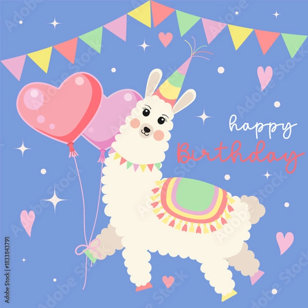 Fototapeta Happy Birthday Cute Alpaca with Balloons